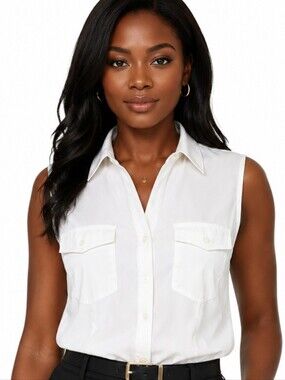 White Sleeveless Button Front Blouse Career Office Utility Pocket Collared Shirt